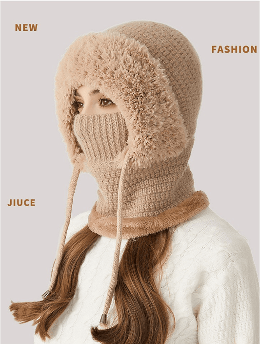 Beige knit-and-fleece balaclava hood with face mask covering nose and mouth