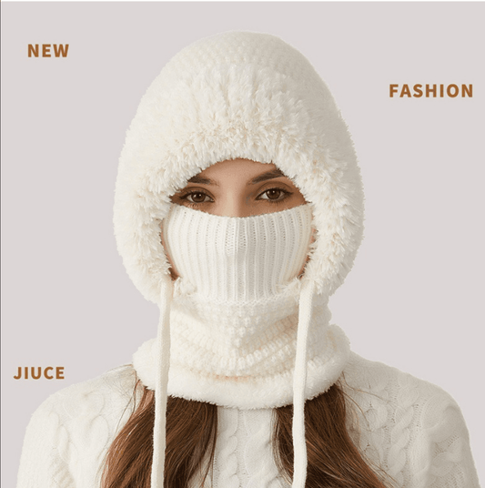 Off-white hooded face-cover scarf with sherpa-style hood and ribbed knit mouth panel