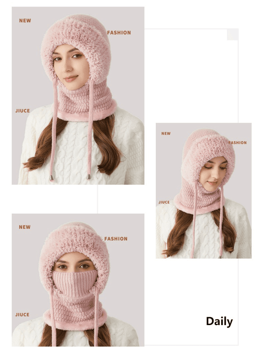 Pink 3-in-1 hood scarf mask set shown in multiple views with ribbed face opening