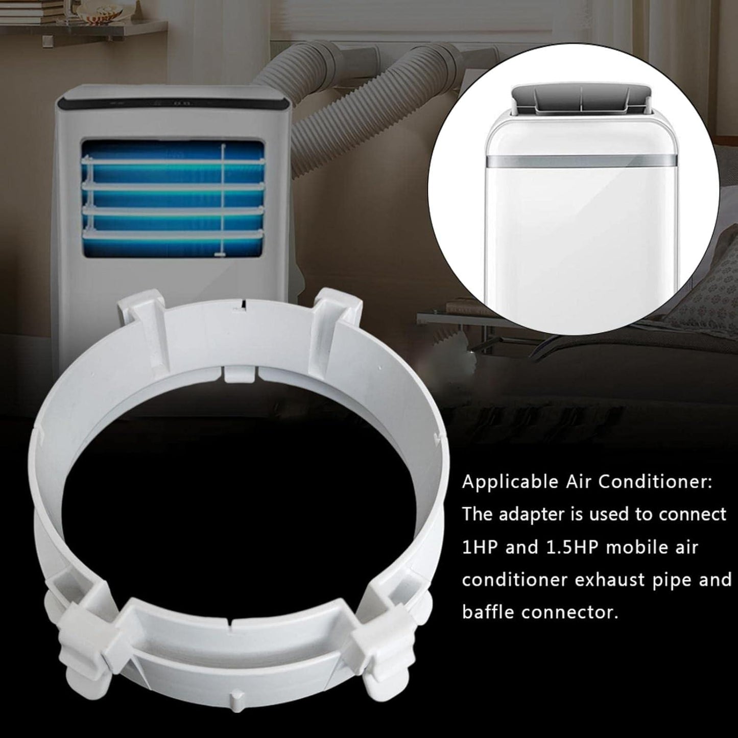 Gray exhaust hose adapter ring with locking tabs near portable air conditioner