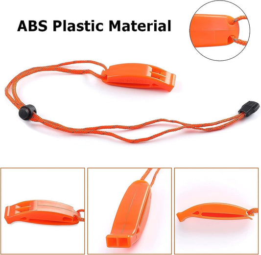 Orange emergency whistle with braided lanyard and black end fastener detail