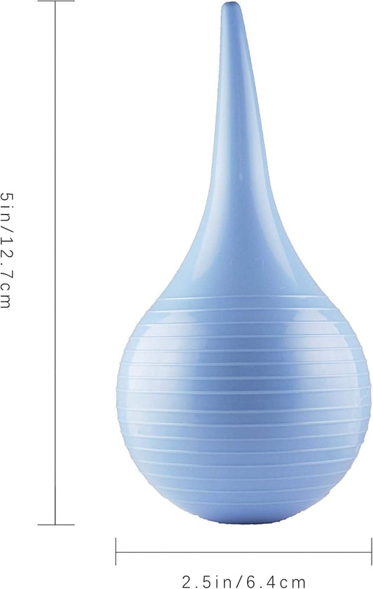Blue rubber ear suction syringe bulb with pointed nozzle and ribbed body
