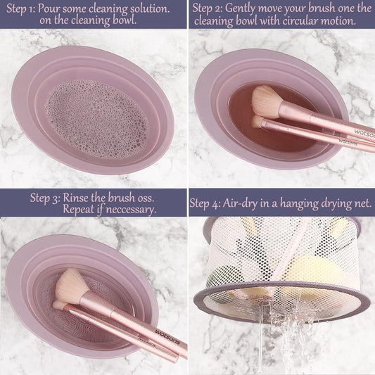 Purple cleaning bowl with textured insert and makeup brush being rinsed