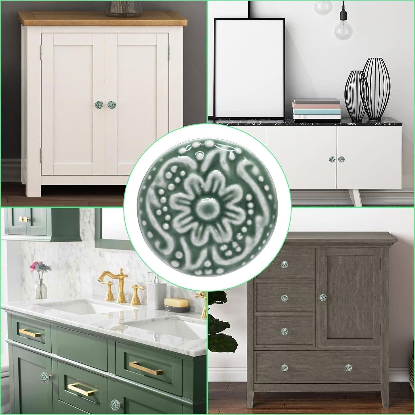 Green Ceramic knobs, Kitchen Cabinet Knobs, Retro Dresser Knobs, Drawer Knobs, Furniture Decorative Knobs and Pulls for Drawer, Dressers, Cupboard, Closet, 34mm / 1.3Inch Diameter(10Pcs)
