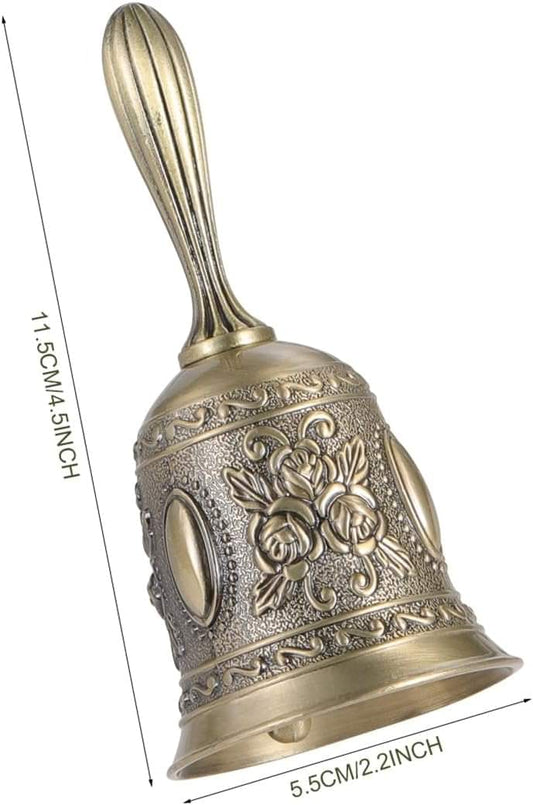 Vintage metal service bell with floral engraving, gold tone, ribbed handle