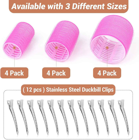 Pink self-grip hair curlers with 3 sizes and metal duckbill clips