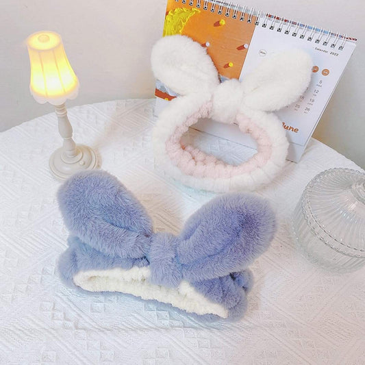 Fluffy light blue bunny-ear face-washing headband with elastic band