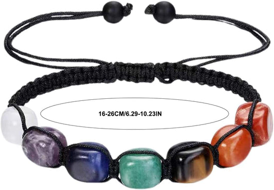 Black cord bracelet with seven gemstone beads in purple, blue, green, and orange