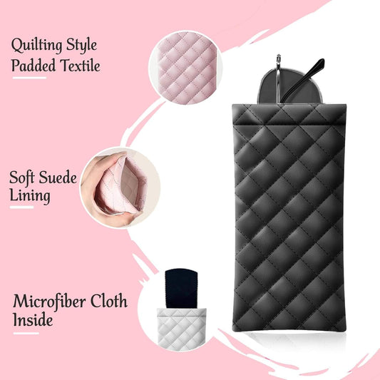 Quilted PU leather sunglass pouch in black with top loop handle and soft interior lining