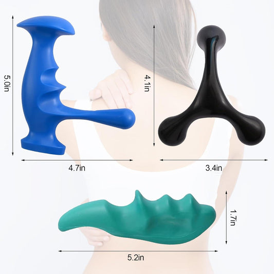 Massage tool set: blue palm knob, black 3-prong handle, and green thumb protector