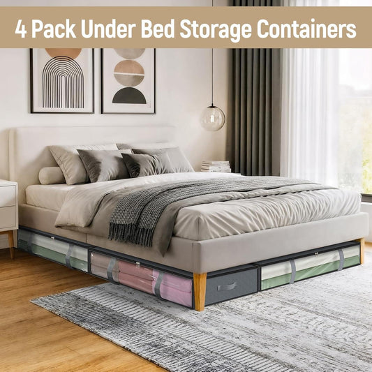 Under-bed storage bins under a bed frame with clear front windows and drawer handles