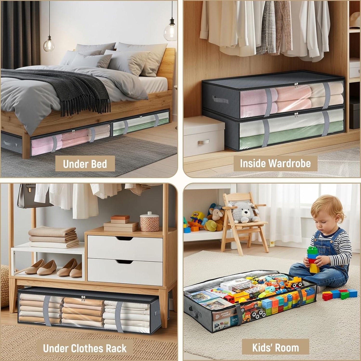 Set of under-bed storage bins used under a bed and inside a wardrobe for items