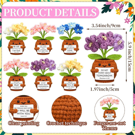 Crochet prayer doll set: 6 closeups with verse plaques and forget-me-not theme