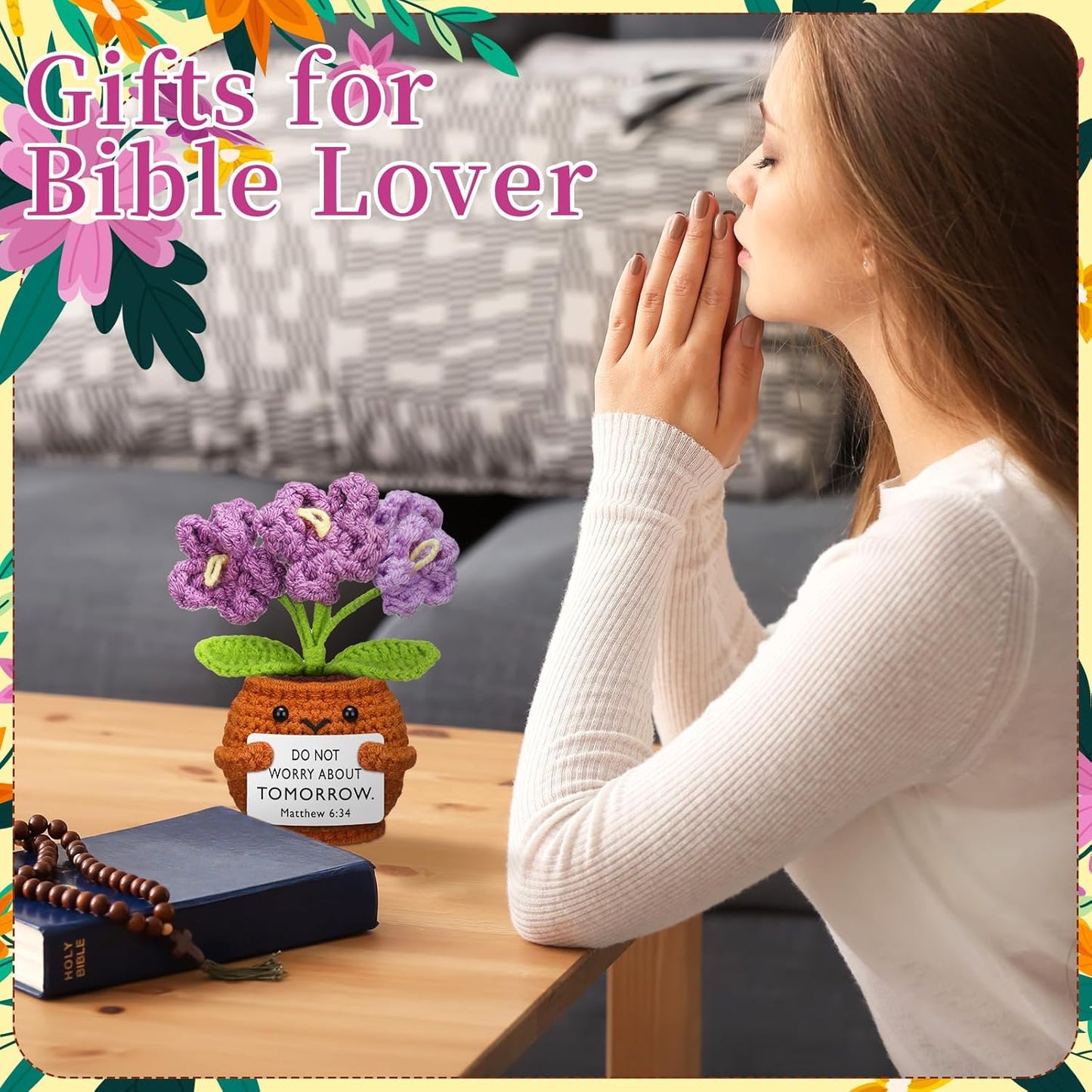 6 Pcs Christian Gift for Women Faith Scripture Religious Positive Handmade Crochet Doll with Bible Verse Prayer Card Inspirational Sunday Church(Forget Me Not) -