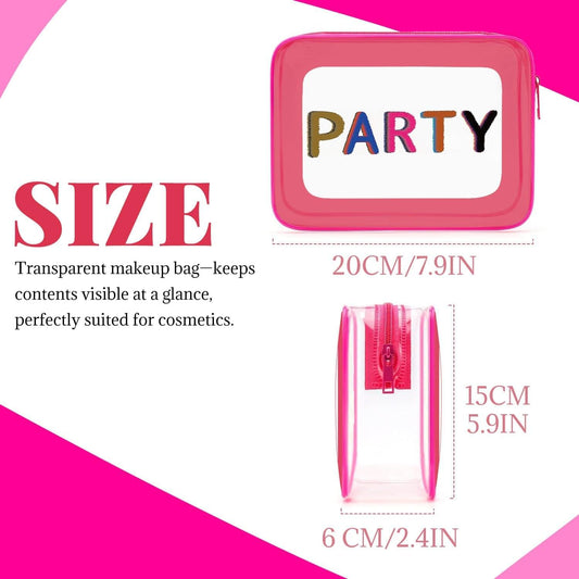 Transparent makeup bag with pink zipper and 'PARTY' label