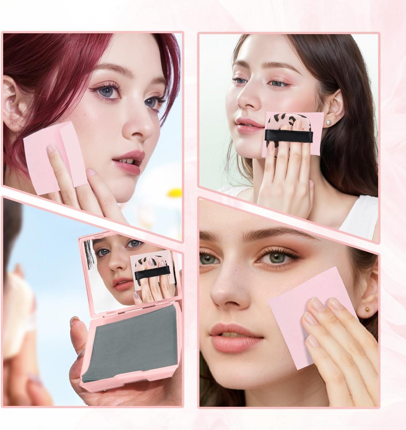 Woman using oil blotting paper on face with pink leopard mirror compact and puff