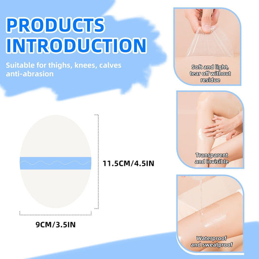 Transparent oval adhesive thigh patches with blue strip and size guide