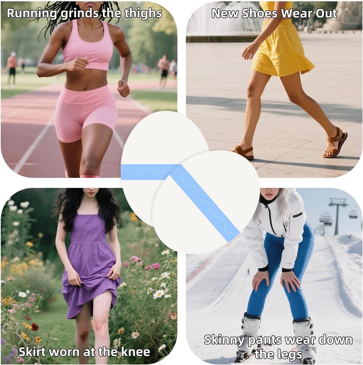 Transparent anti-chafing thigh patch applied on leg, thin waterproof film