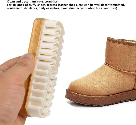 Handheld shoe brush with white ridged bristles and beech wood base for suede cleaning
