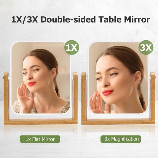 Double-sided desk mirror with light wood base, showing two magnification panels