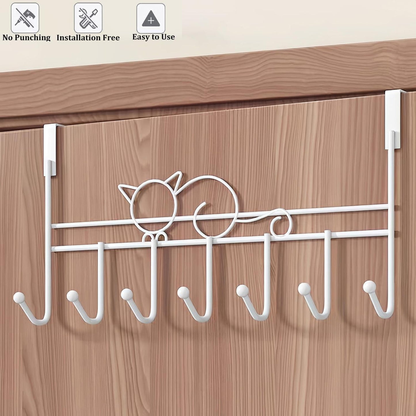 White over-door hook hanger rack with cat-shaped top and multiple curved hooks