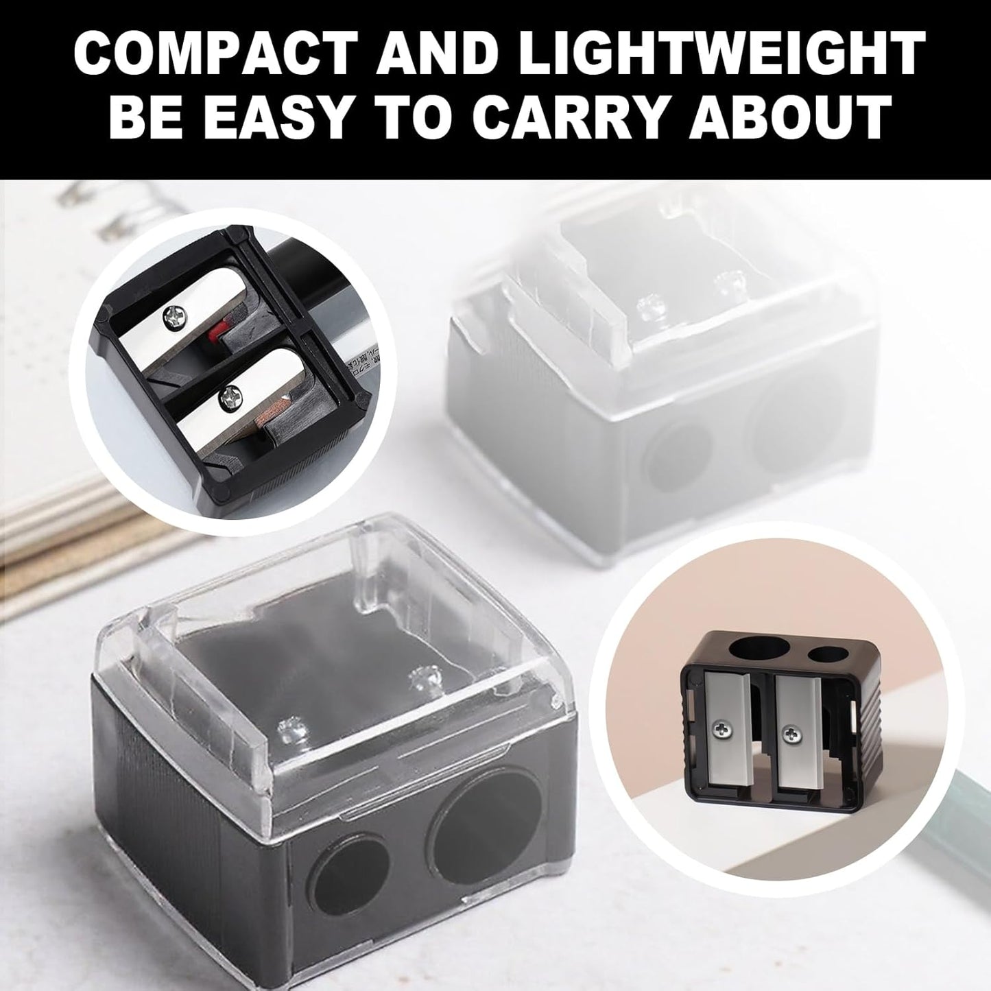 2-piece eyeliner pencil sharpener, makeup pencil sharpener with 2 holes, compact eyebrow pencil sharpener for different sizes of eyebrow pencils, eyeliner pencils, lip liners, etc., easy to clean (black)