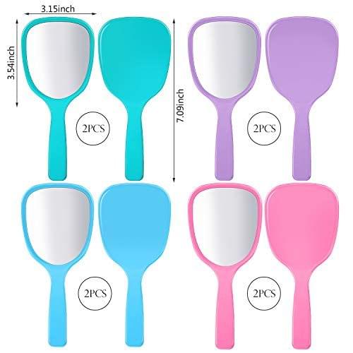 Compact handheld mirror set with teardrop frames in teal, purple, and pink