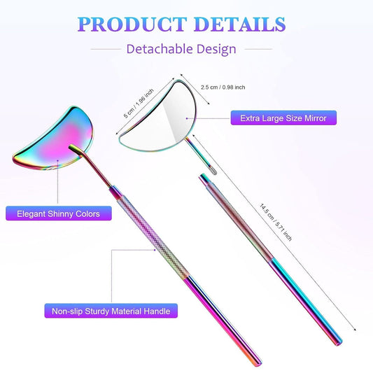 Two eyelash inspection mirrors with rainbow handles and anti-slip textured grips