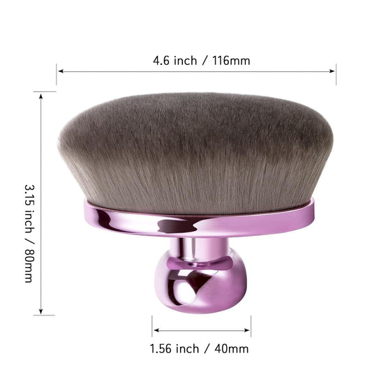 Oval kabuki body makeup brush, purple base and grey bristles, 116mm size shown.