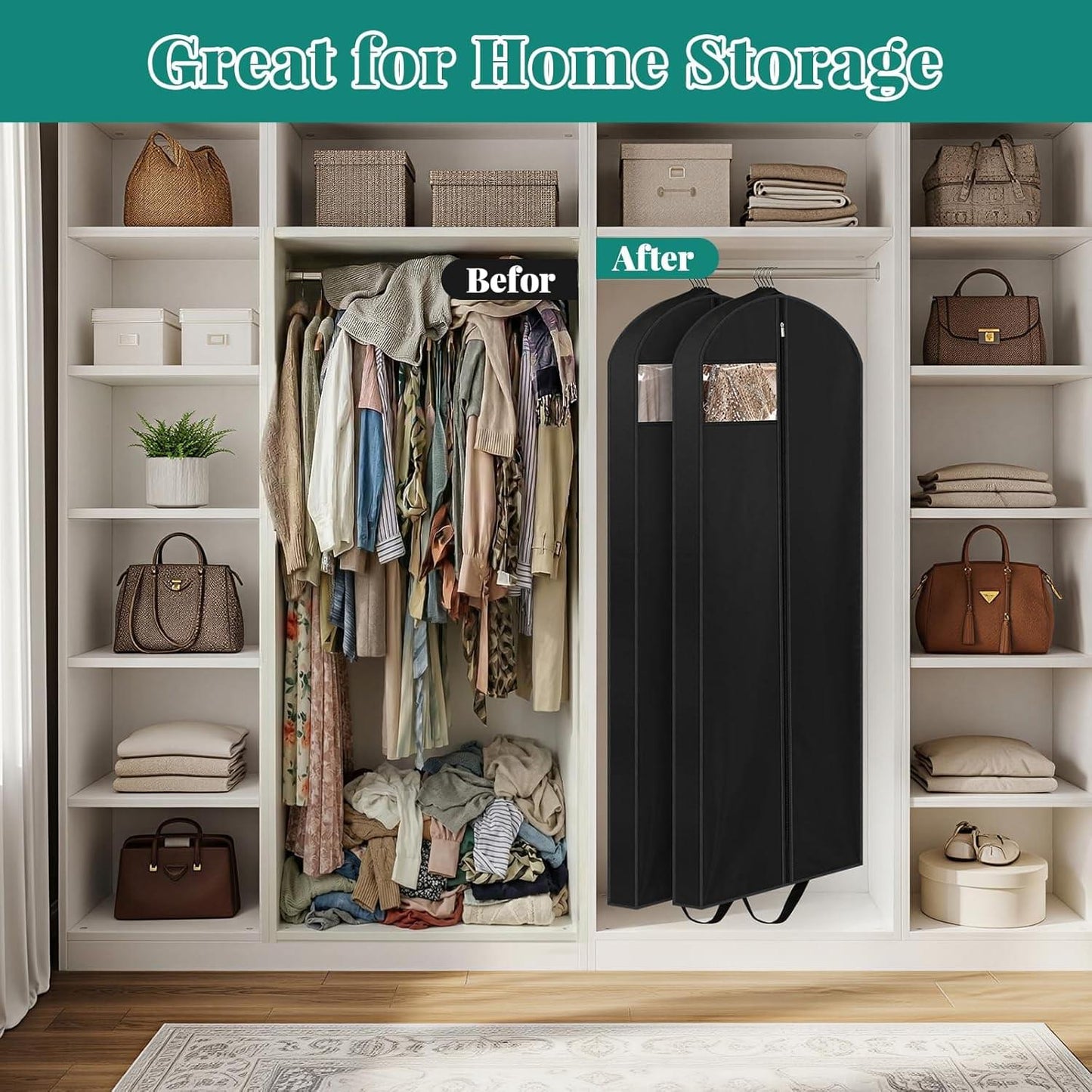 Black long garment bags for closet hanging storage of dresses and coats