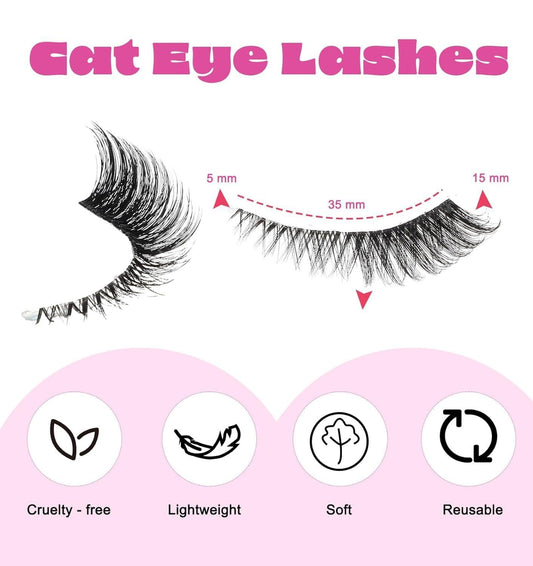 Cat-eye strip lashes diagram with lash length lines and reusable icon
