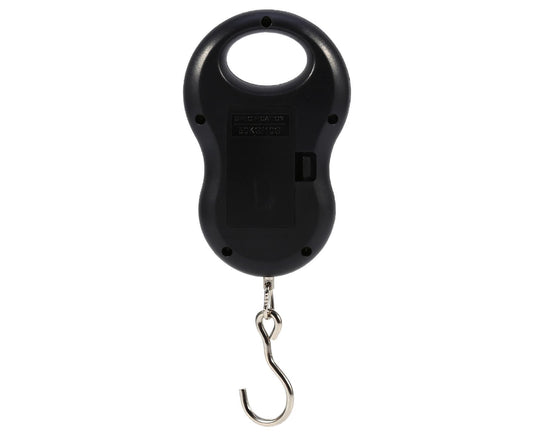 Black digital hanging luggage scale back view with metal S hook