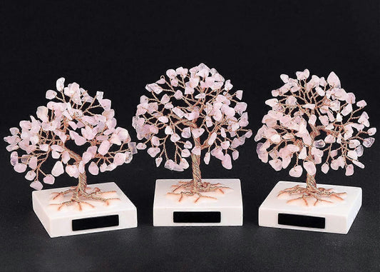 Rose quartz crystal tree decor with copper wire branches on white marble base (set of 3)