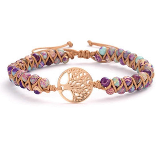 Braided bracelet with tree of life charm and purple, aqua, and tan beads