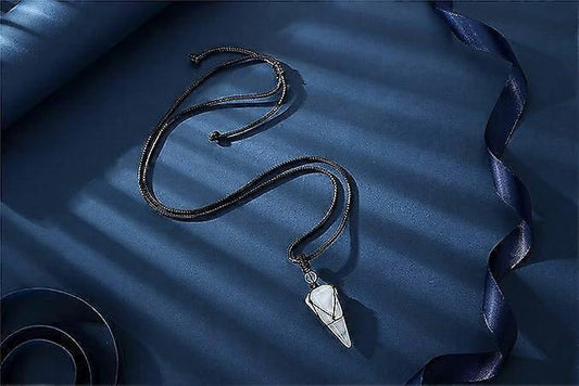 Rope gemstone necklace with clear crystal point pendant on black cord