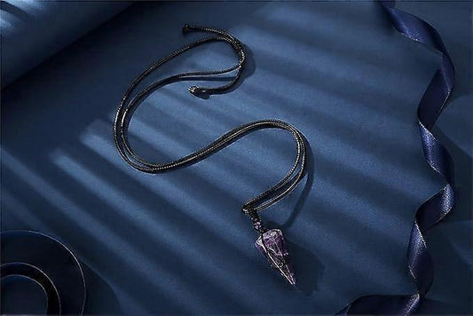 Dark rope necklace with purple crystal point pendant, adjustable length