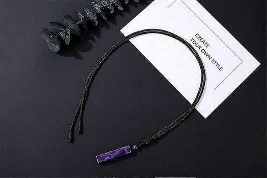 Black braided rope necklace with purple crystal bar pendant, adjustable tie