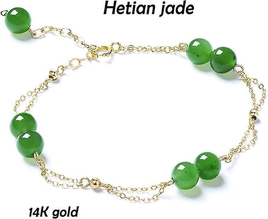 Green jade bead bracelet with goldtone chain and clustered round bead accents
