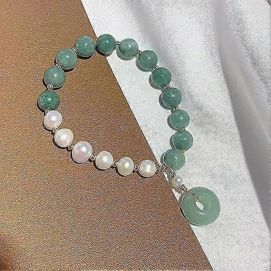 Green round stone beads and white pearl beads bracelet with dangling jade drop charm