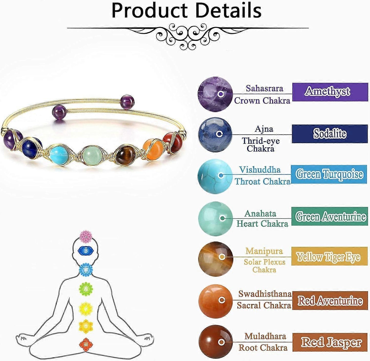 Heyone7 Chakra Crystal Yoga Meditation Bracelets for Women Girls 14K Gold Wire Wrapped Healing Crystals Stone Bracelet Adjustable Gemstones Bead Cuff