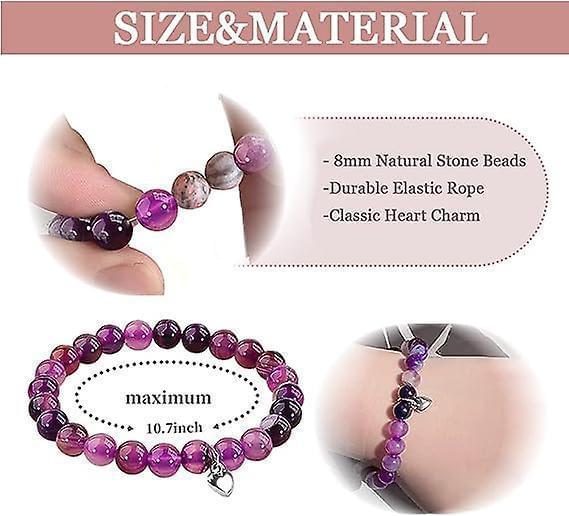 Purple stone bead bracelet with heart charm, elastic string