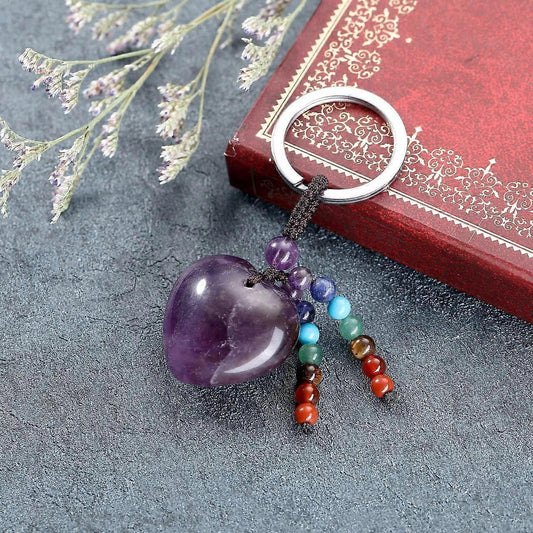 Amethyst heart gemstone keychain charm with multicolor beaded tassels and silver ring