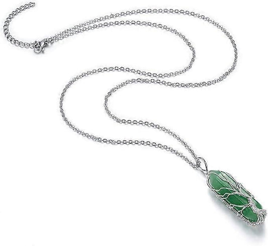 Silver chain necklace with green teardrop crystal pendant and wire-wrapped tree design