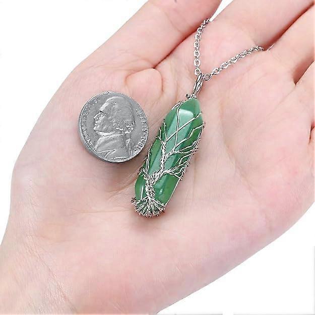 Green hexagonal crystal pendant on silver chain, wire-wrapped tree of life