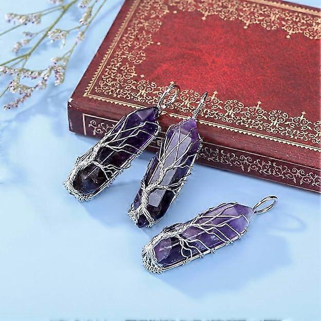 Natural Healing Crystal Stone Necklace Silver Tree Of Life Wire Wrapped Hexagonal Crystal Points Pendant Necklace for Women