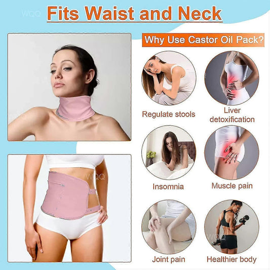 Beige castor oil pack wrap worn around neck and waist