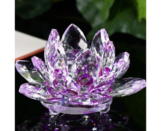 Artificial crystal lotus ornament with clear and purple faceted petals