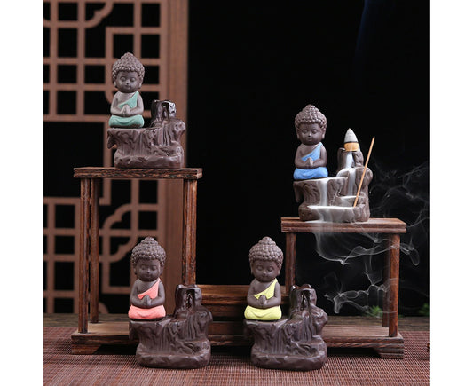 Small Buddha backflow incense burner set: three seated monks with rising incense smoke