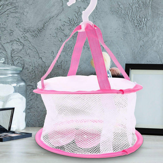 White mesh flat drying net with pink rim and hanging loop