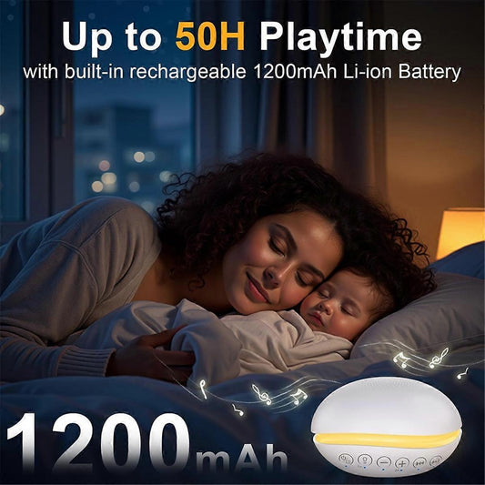 Portable white noise machine with white dome and yellow side ring, control panel